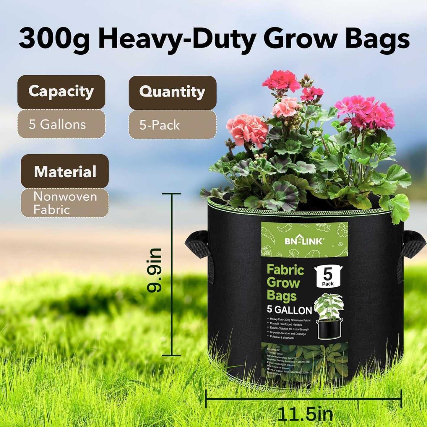 5-Pack 5 Gallon Fabric Grow Bags