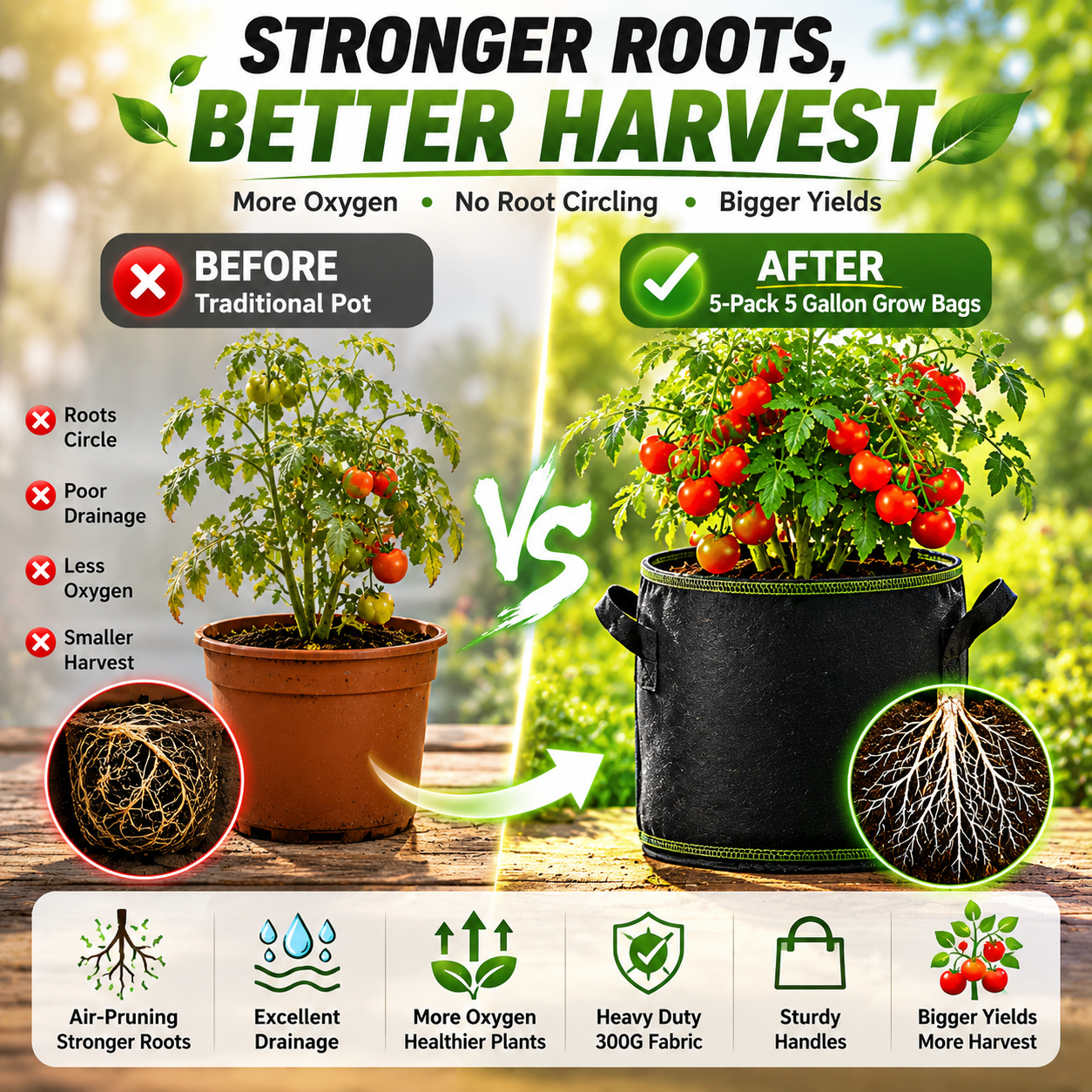 5-Pack 5 Gallon Fabric Grow Bags