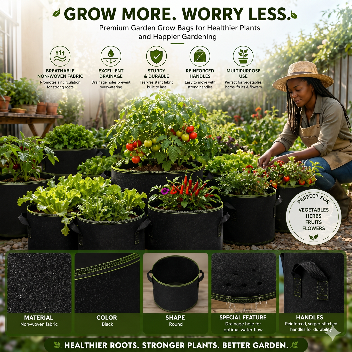 5-Pack 5 Gallon Fabric Grow Bags